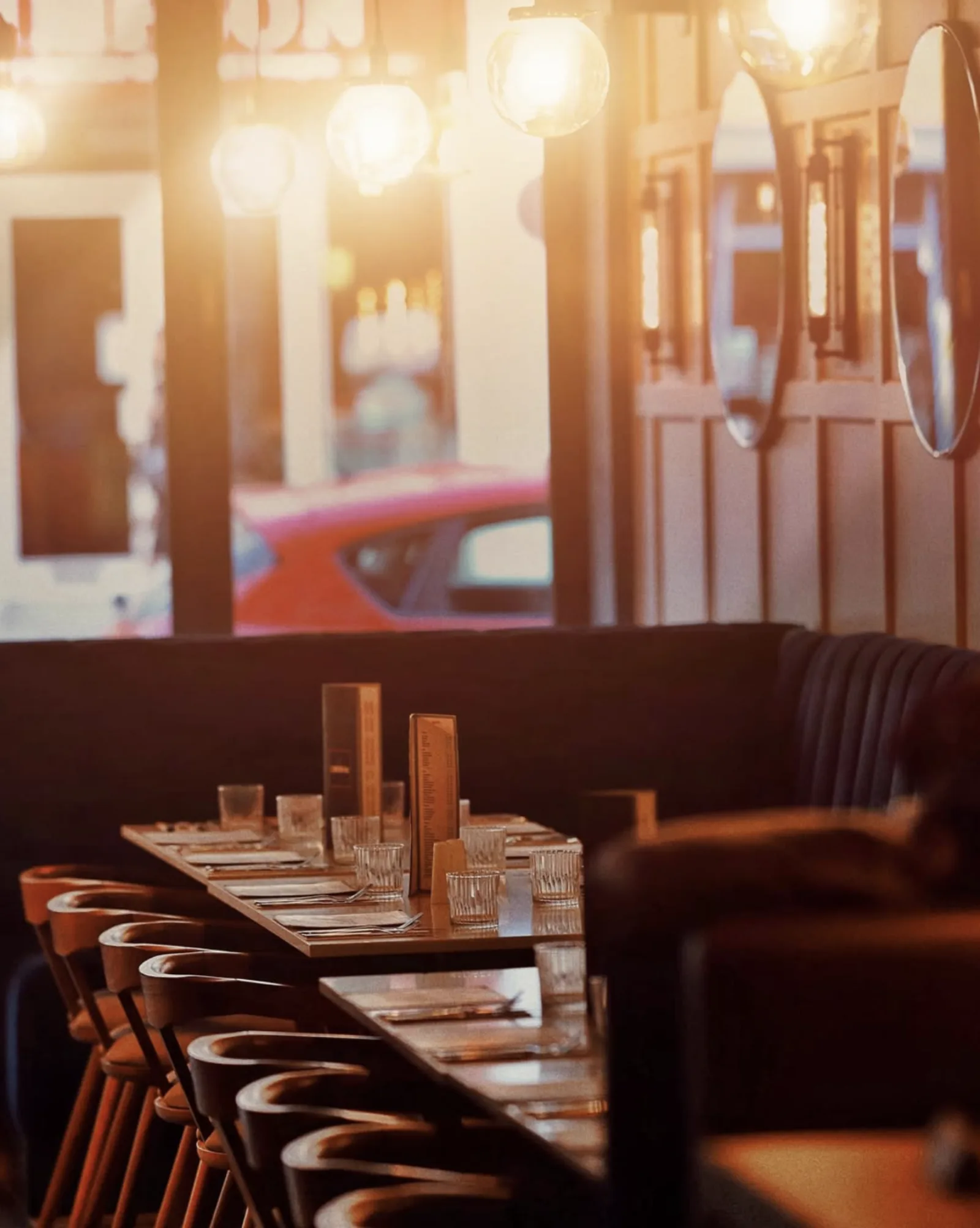 Restaurant dining room set for service