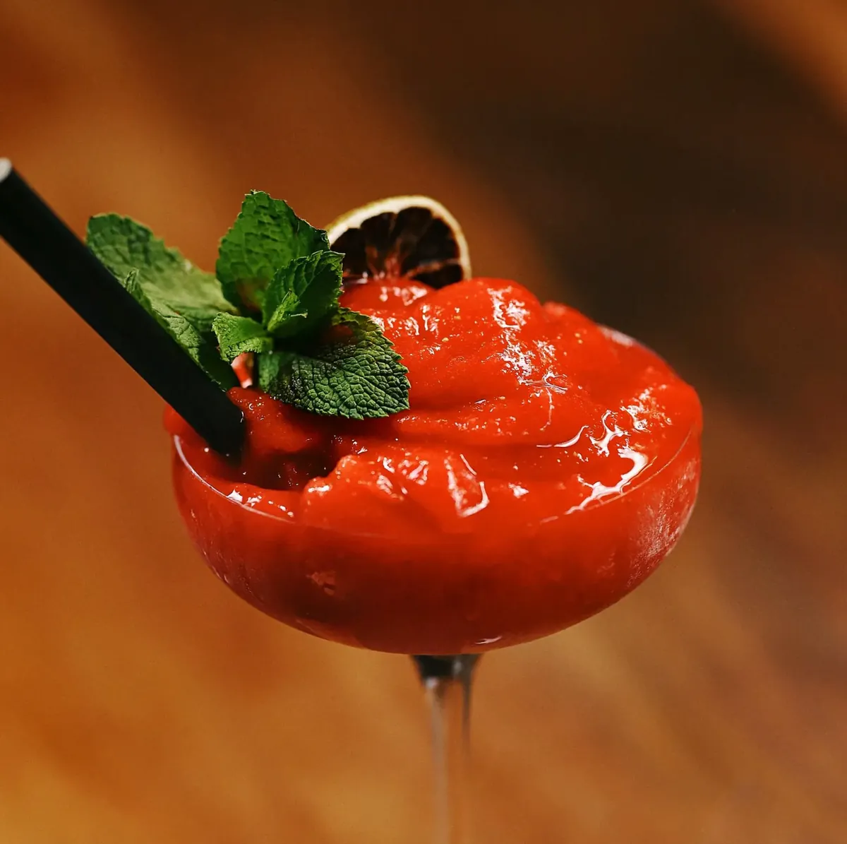 Frozen red cocktail with mint and a citrus wheel