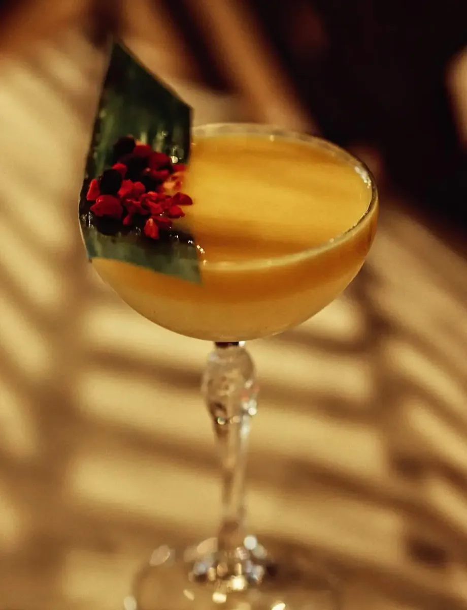 Amber cocktail garnished with a geometric leaf